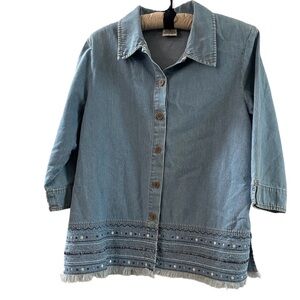 Allison Daley Womens Embroidered Fringe‎ Size 14 Blue Denim Jacket 3/4 Sleeve